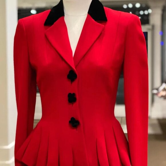 Moschino Red Peplum Black Velvet Trim Ace Spade Jacket 8 ALICE WONDERLAND BLAZER - Picture 3 of 15
